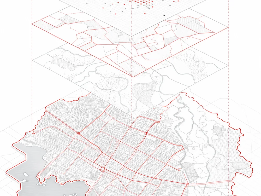 Abstract illustration of layered spatial data integrating into a single map